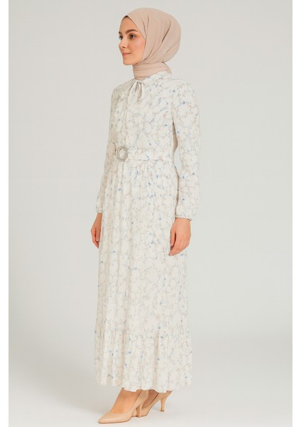 Tesettür Mini Çiçekli Kemerli Kloş Elbise modelleri