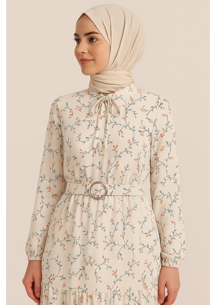 Tesettür Mini Çiçekli Kemerli Kloş Elbise fırsatları