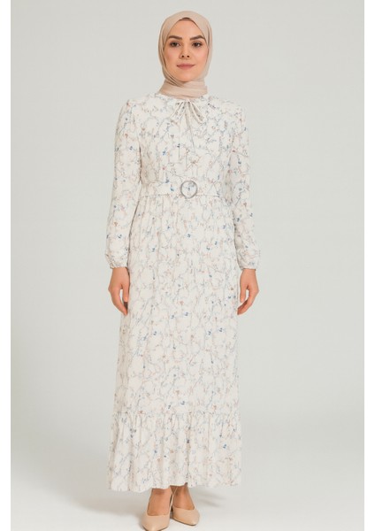 Tesettür Mini Çiçekli Kemerli Kloş Elbise indirimleri