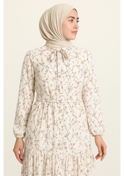 Tesettür Mini Çiçekli Kemerli Kloş Elbise