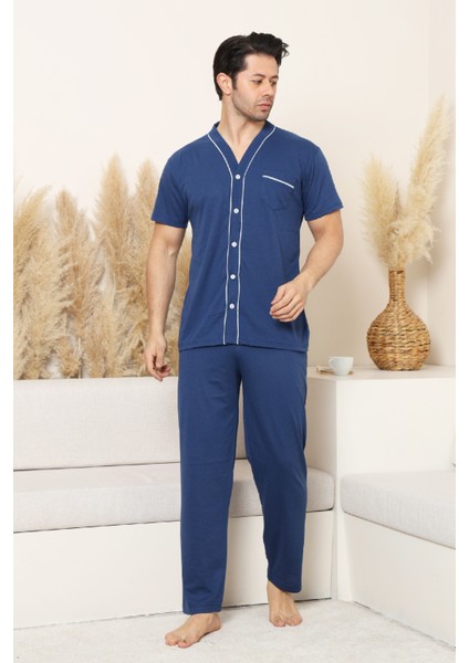 Erkek Boydan Düğmeli %100 Pamuklu Pijama Takımı 12385
