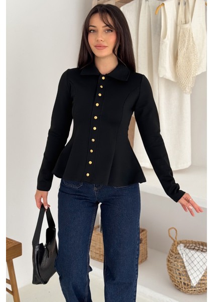 Kadın Altın Düğmeli Peplum Gömlek & Bluz – Güçlü & Şehirli Stil fırsatları