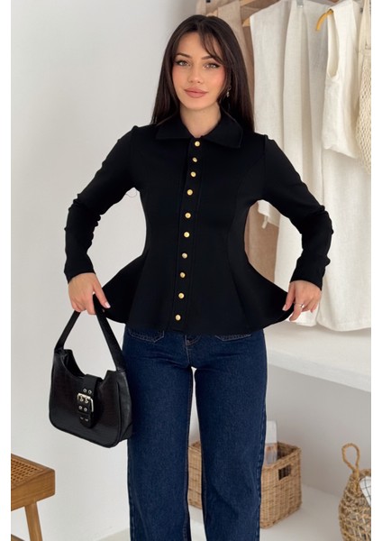 Kadın Altın Düğmeli Peplum Gömlek & Bluz – Güçlü & Şehirli Stil indirimleri