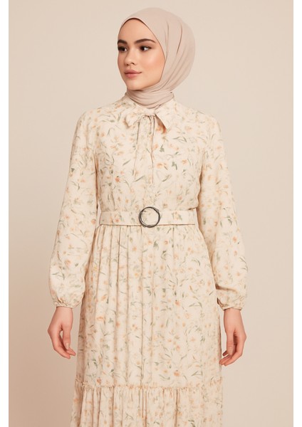 Tesettür Krem Desen Küçük Çiçekli Elbise modelleri