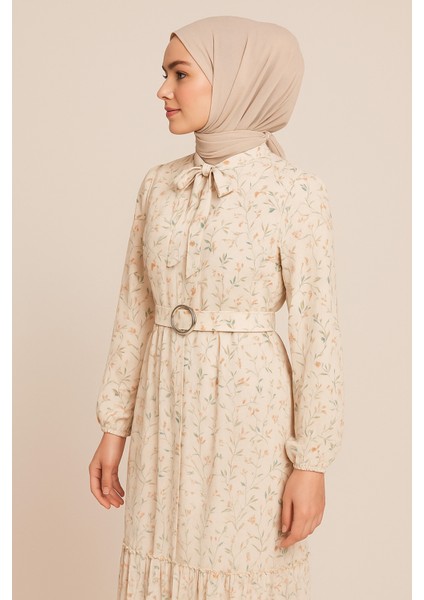 Tesettür Krem Desen Küçük Çiçekli Elbise fırsatları