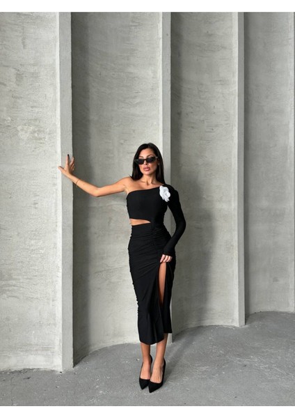 Gül Detaylı Elbise - Tek Omuz Elbise - Ön Yırtmaçlı Elbise modelleri