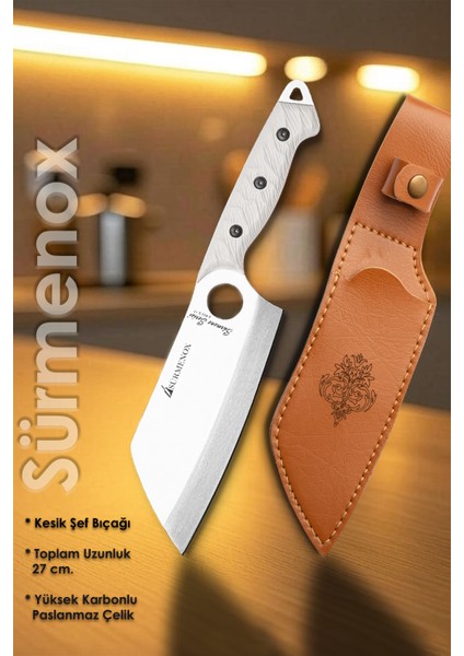 Sürmene Serisi Şef Mutfak Şef Bıçağı Bıçak Kamp Bıçağı Deri Kılıflı Beyaz Verzalit Sap HDS-153 fiyatları