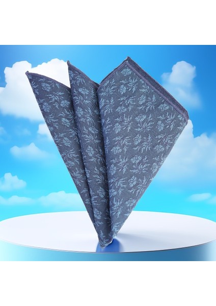 Indigo Üzeri Mavi Çiçek Desenli Jakar Dokuma Cep Aksesuarı Yaka Mendili