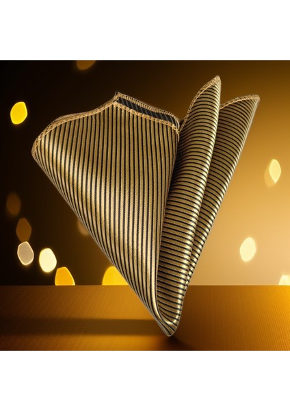 Altın Siyah Yatay Çizgili Saten Jakar Dokuma Cep Yaka Mendili