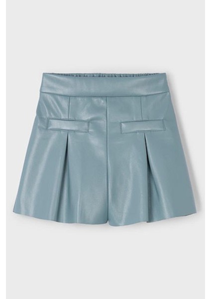 Kız Çocuk 4-9 Yaş Pileli Cep Detaylı Deri Şort Turkuaz