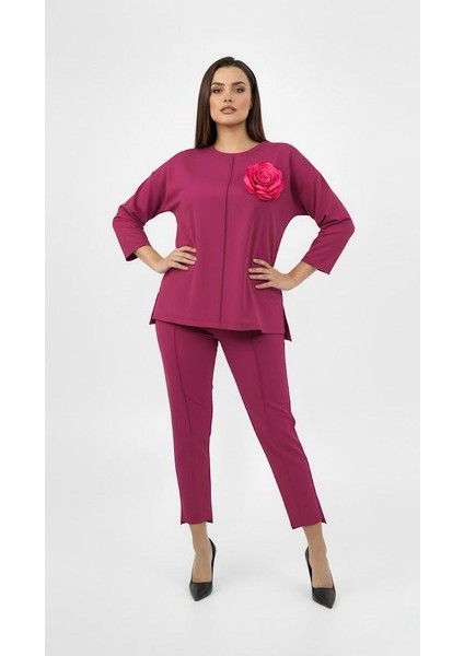 Kadın Büyük Beden Truvakar Kol Çiçek Detaylı Iki Iplik Eşofman Takımı 8224-26