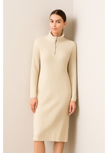 Yeni Sezon Fitilli Fermuar Detaylı Uzun Elbise