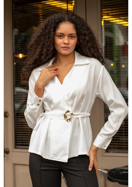 Kadın Ipeksi Dokulu Likrasız Modal Kumaş Yakalı Anvelop Kemerli Şık Bluz-Krem fiyatları