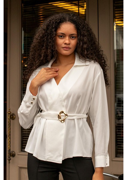 Kadın Ipeksi Dokulu Likrasız Modal Kumaş Yakalı Anvelop Kemerli Şık Bluz-Krem modelleri