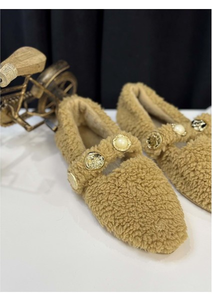 Kadın Inci ve Tuğra Detaylı Peluş Babet - Vizon - 37