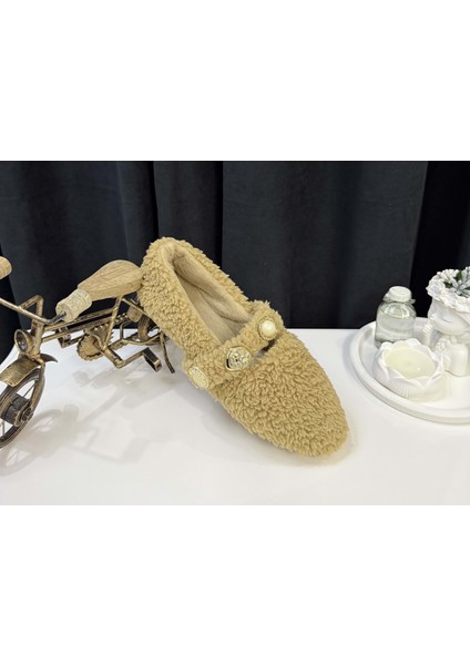 Kadın Inci ve Tuğra Detaylı Peluş Babet - Vizon - 37 fiyatları