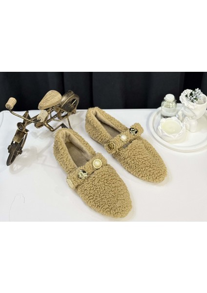 Kadın Inci ve Tuğra Detaylı Peluş Babet - Vizon - 37 modelleri