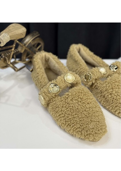 Kadın Inci ve Tuğra Detaylı Peluş Babet - Vizon - 37 indirimleri