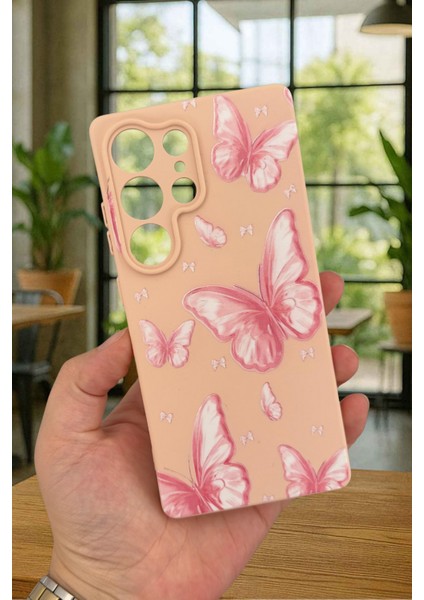 Samsung Galaxy S25 Ultra - Pembe Kelebek Desenli Silikon Darbe Emici Klasik Korumalı Rubber Kılıf