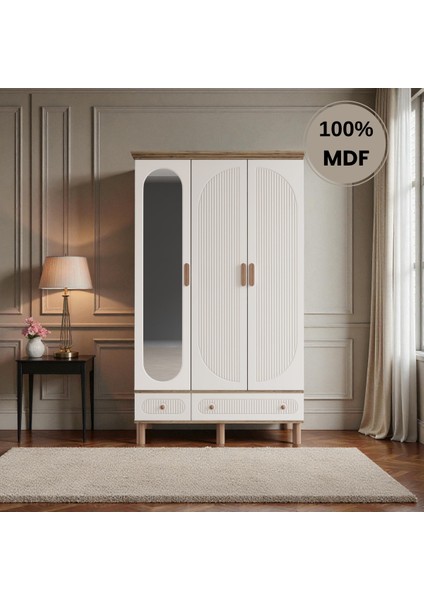 Sooho 3 Kapaklı Aynalı Çekmeceli Mdf Gardırop
