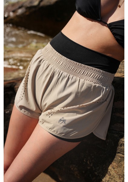 Kadın Havuz Deniz Şortu Lazerli - Içden Taytlı Ekstra Bel ve Göbek Korseli