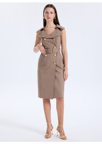Ceket Yaka Düz Bej Orta Kadın Elbise Nada Kadın Elbise