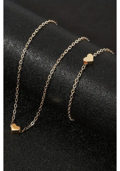 Minimalist Tasarım Mini Zarif Şık Trend Kalpli Kolye ve Bileklik Set