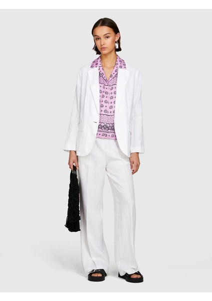 %100 Keten Tek Düğmeli Blazer Ceket Kadın Beyaz Ceket - 325P2AGHLW019