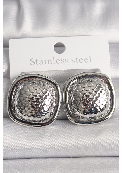 Pirinç Gümüş Renk İşlemeli Kare Model Kadın Küpe - TJ-BKP10148