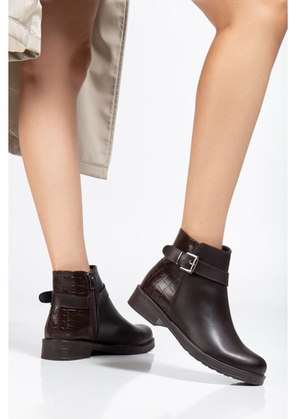 165-204/1 Kahve Kroko Toka Aksesuarlı Fermuarlı Günlük Kadın Bot fiyatları