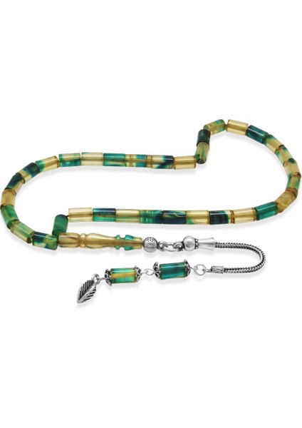 Ateş Kehribar Tesbih - 925 Ayar Gümüş Püsküllü - Mini Boy - Mavi Beyaz - Kesme Kesim