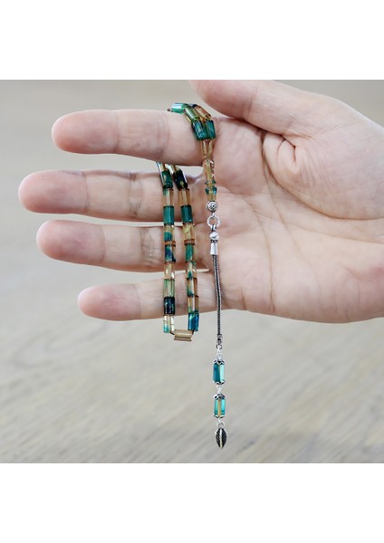 Ateş Kehribar Tesbih - 925 Ayar Gümüş Püsküllü - Mini Boy - Mavi Beyaz - Kesme Kesim modelleri