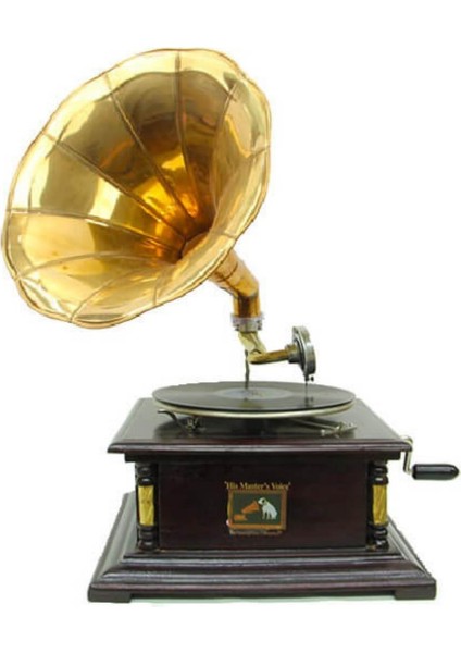 Gramofon Plakçalar Ahşap Kare Köşeleri Bronz Işli Kurmalı ASIG501