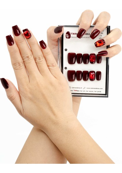 10'lu Orta Kare Kırmızı TT0933 Tekrar Kullanılabilir El Yapımı Protez Takma Tırnak -