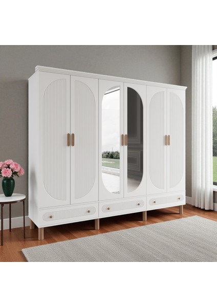 Milen 6 Kapaklı Aynalı Çekmeceli Mdf Gardırop
