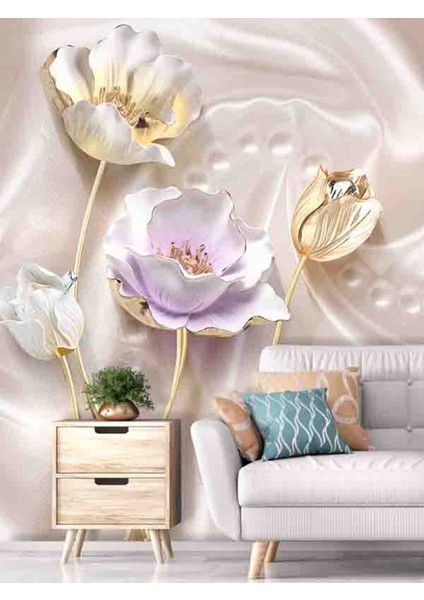 3 Boyutlu Güller Desen Dayanıklı Silinebilir Sağlıklı Tekstil Duvar Kağıdı