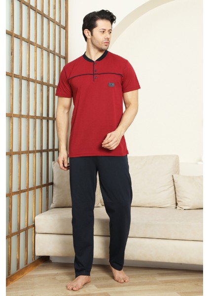 Erkek %100 Pamuk Pijama Takımı -3 Düğmeli-Robalı 12383