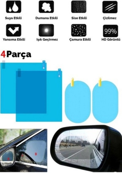 4 Parça Yan Aynalar ve Yan Camlar Için Araç Ayna Yağmur Kaydırıcı ve Cam Buğu Önleyici Film Seti