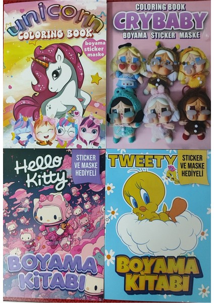4 Adet Stickerli Boyama Kitabı (Unicorns/crybaby/hellokitty/tweety) AD30116