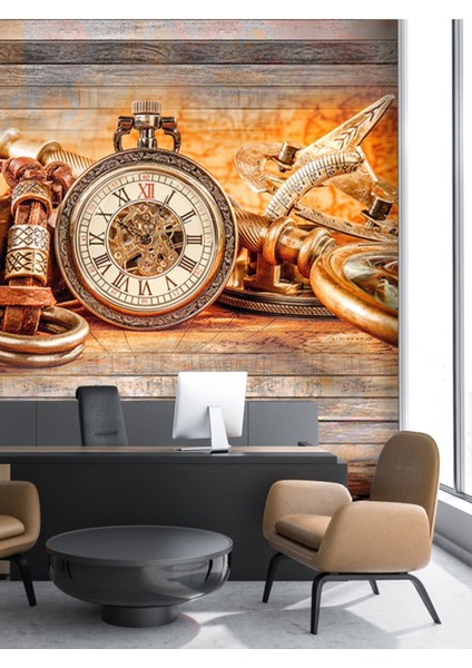 Vintage Saat ve Pusula Desenli Isı ve Ses Yalıtımlı Sağlıklı Tekstil Duvar Kağıdı