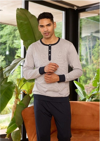 Patlı Sıfır Yaka Paçası Bilekli Uzun Kol Erkek Pijama Takım