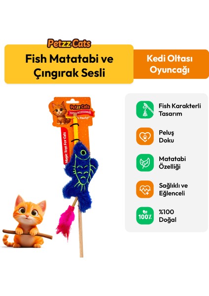 Petzzcats Fish Matatabi ve Çıngırak Sesli Kedi Oltası Oyuncağı Mavi 42 cm