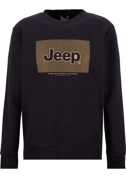 Bisiklet Yaka Baskılı Siyah Erkek Sweatshırt J5WM-SWT7693