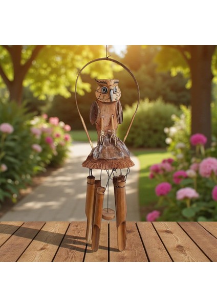 El Yapımı Doğal Ahşap & Coconut Baykuş Tasarımlı Rüzgar Çanı 90CM Balkon Bahçe Dekoru Hediyelik Ürün