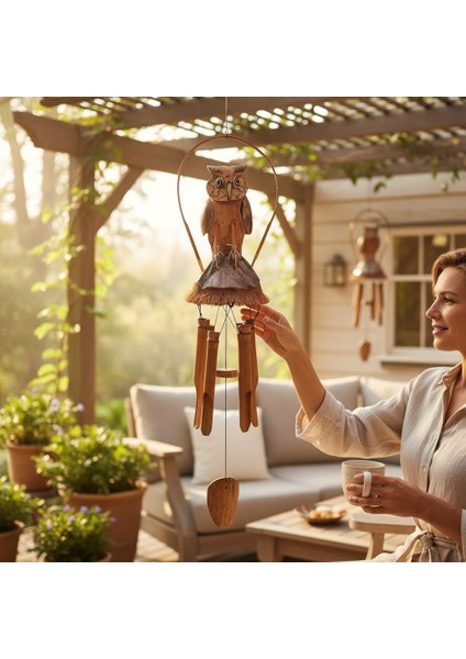 El Yapımı Doğal Ahşap & Coconut Baykuş Tasarımlı Rüzgar Çanı 90CM Balkon Bahçe Dekoru Hediyelik Ürün modelleri