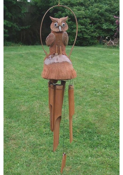 El Yapımı Doğal Ahşap & Coconut Baykuş Tasarımlı Rüzgar Çanı 90CM Balkon Bahçe Dekoru Hediyelik Ürün indirimleri