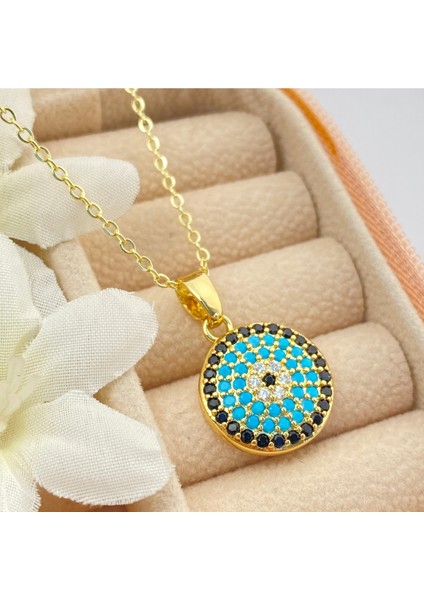 Nazar Boncuklu Kolye Kuyumcu Model Kolye Çelik 14 Ayar Gold 45CM