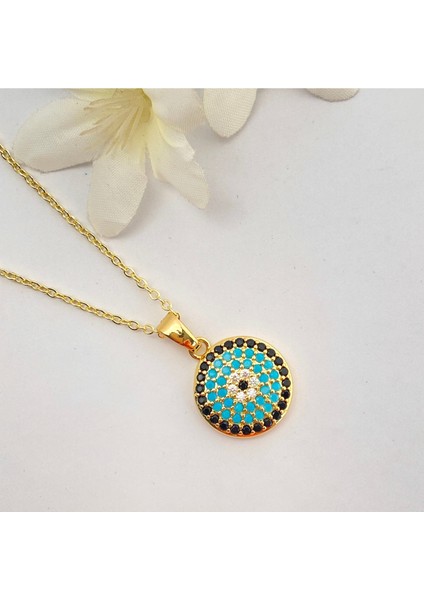 Nazar Boncuklu Kolye Kuyumcu Model Kolye Çelik 14 Ayar Gold 45CM modelleri