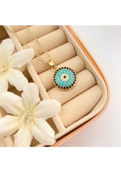 Nazar Boncuklu Kolye Kuyumcu Model Kolye Çelik 14 Ayar Gold 45CM