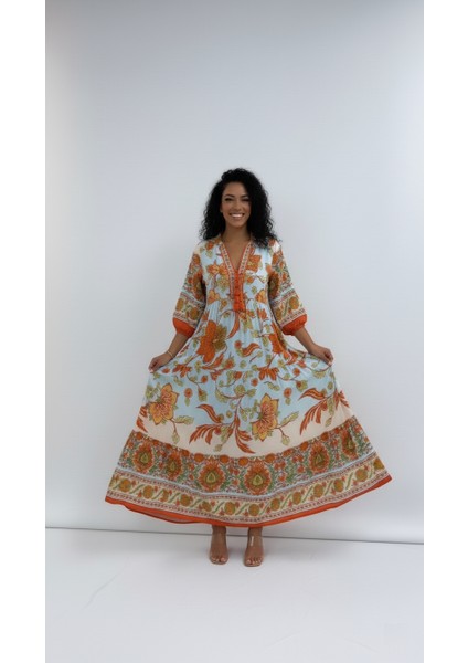 Büyük Beden Çiçek Desenli Uzun Kol Elbise